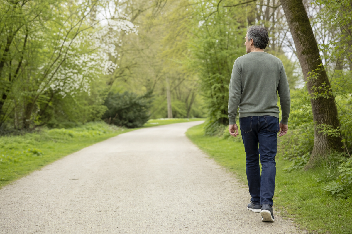Persoon wandelt over een groen pad bij lage rugpijn